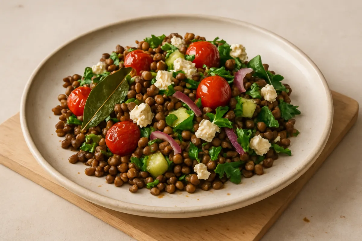 Freshly cooked Warm Puy Lentil Salad with Feta and Tomatoes
